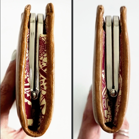 HOBO New Distressed Ruched Leather Tan/Brown Wallet Kisslock Clutch Phone Pocket - Picture 5 of 12